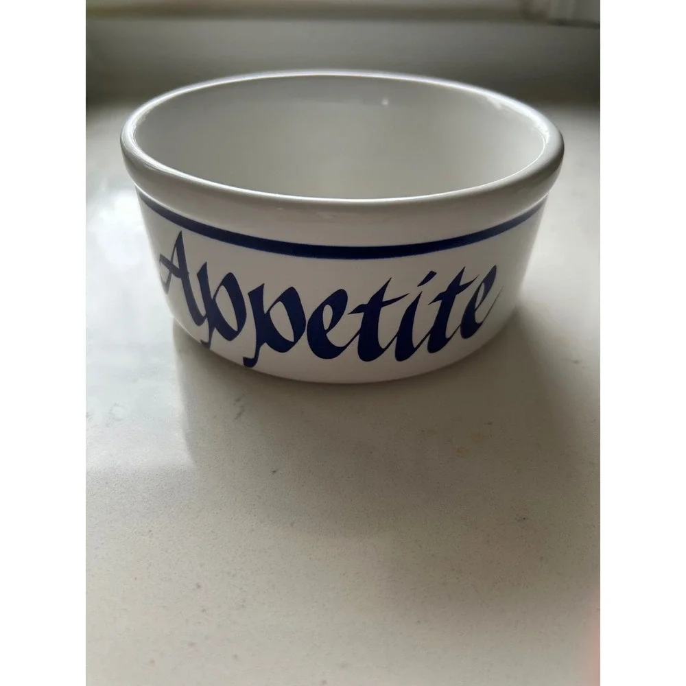 Dog bowl Clay Design White‎ Ceramic Bowl Blue Lettering Bone Appetite